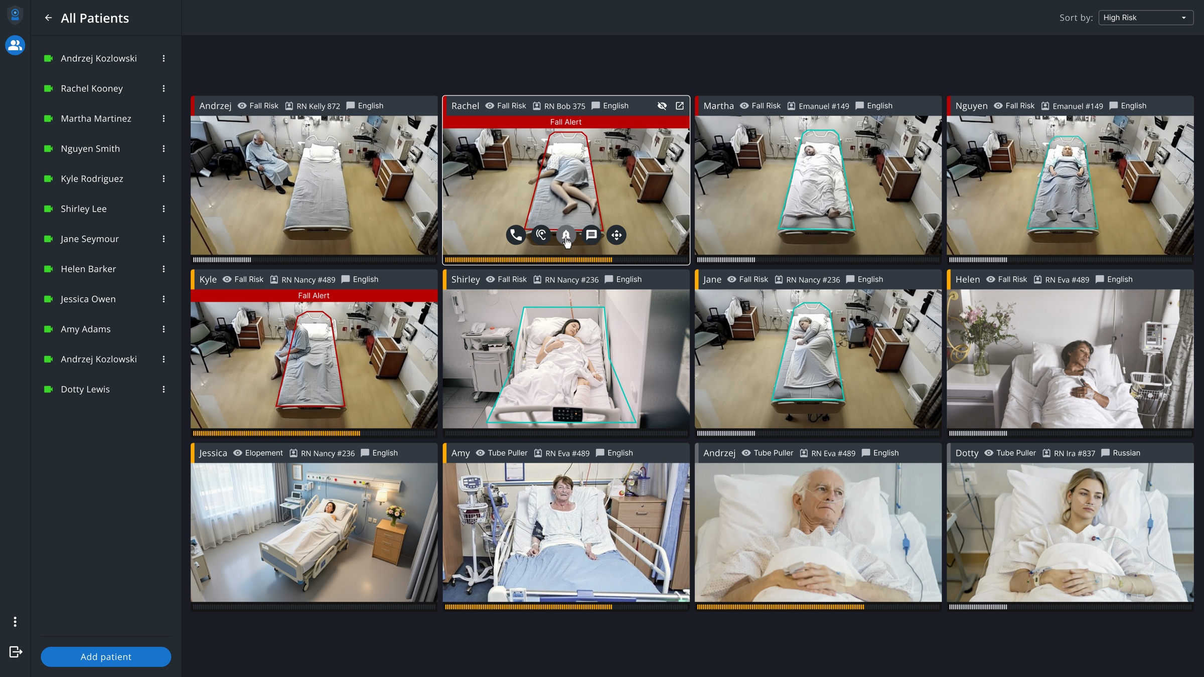 The patient grid with red Fall Alert banners on two tiles, one showing the in-tile quick actions for calling, listening in, alarming, messaging and moving the view